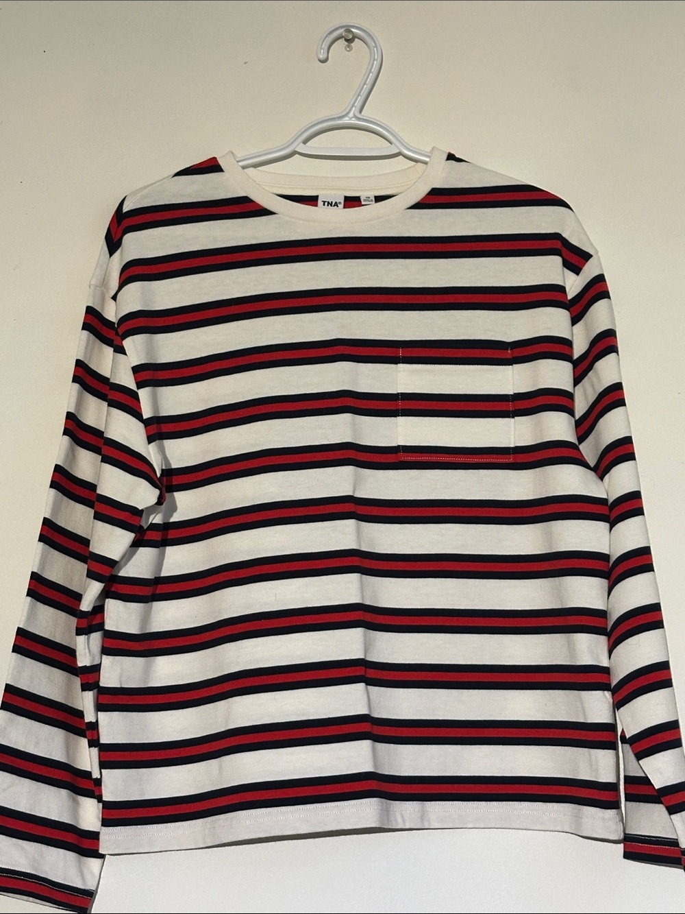 TNA Cream Long Sleeve Tee with Black & Red Stripes